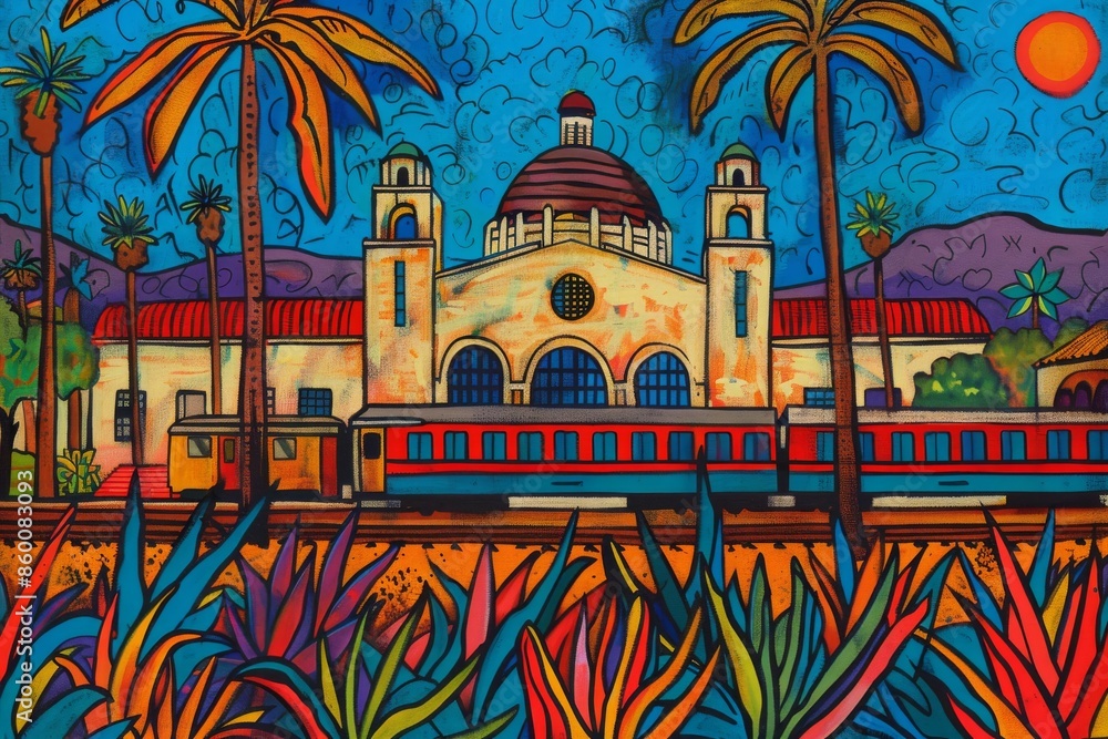 Vibrant Train Station with Palm Trees Vibrant Train Station with Palm Trees