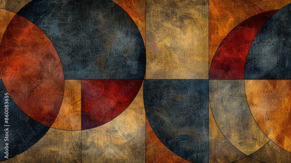 Interwoven circles and rectangles in earth tones, creating a textured tapestry effect that suggests organic harmony Interwoven circles and rectangles in earth tones, creating a textured tapestry effect that suggests organic harmony