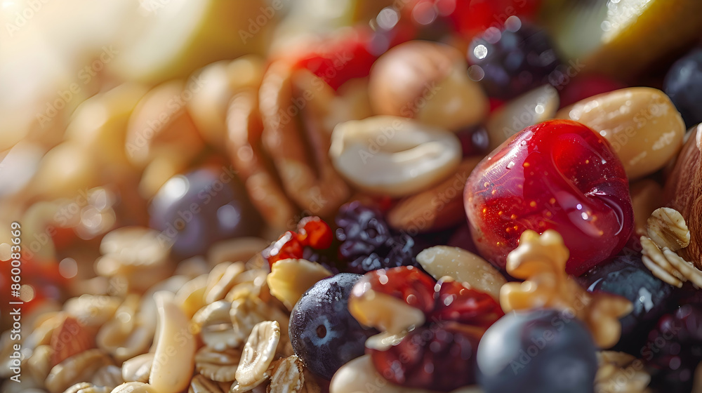 A close-up shot of trail mix being served, highlighting the crunchy nuts and chewy fruits A close-up shot of trail mix being served, highlighting the crunchy nuts and chewy fruits