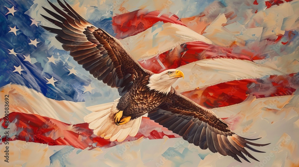A stunning depiction of a bald eagle flying in front of a vibrant ...