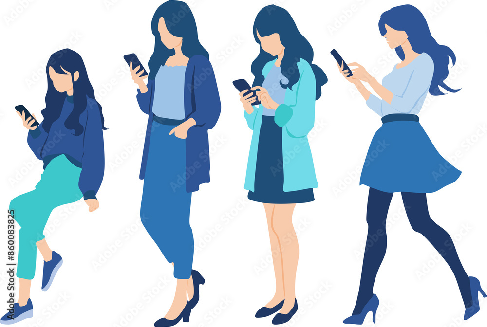 Obraz premium スマホを触る女性たちのイラスト