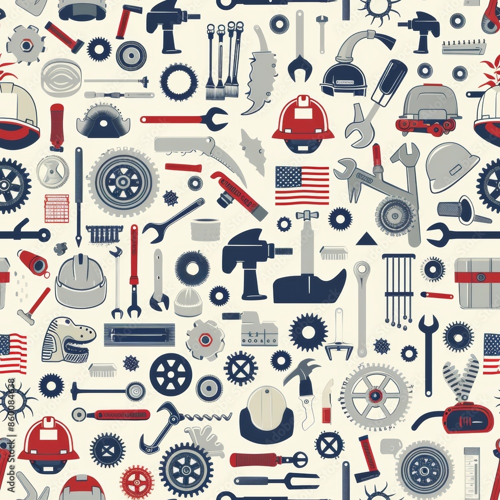 A collection of tools and equipment, including a hammer, screwdriver, and wrench, are scattered throughout the image. Scene is one of productivity and hard work A collection of tools and equipment, including a hammer, screwdriver, and wrench, are scattered throughout the image. Scene is one of productivity and hard work