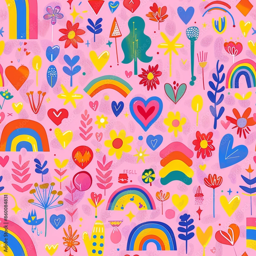 A colorful and whimsical design of flowers, hearts, and rainbows on a pink background. Concept of joy and happiness, with the bright colors and playful elements A colorful and whimsical design of flowers, hearts, and rainbows on a pink background. Concept of joy and happiness, with the bright colors and playful elements
