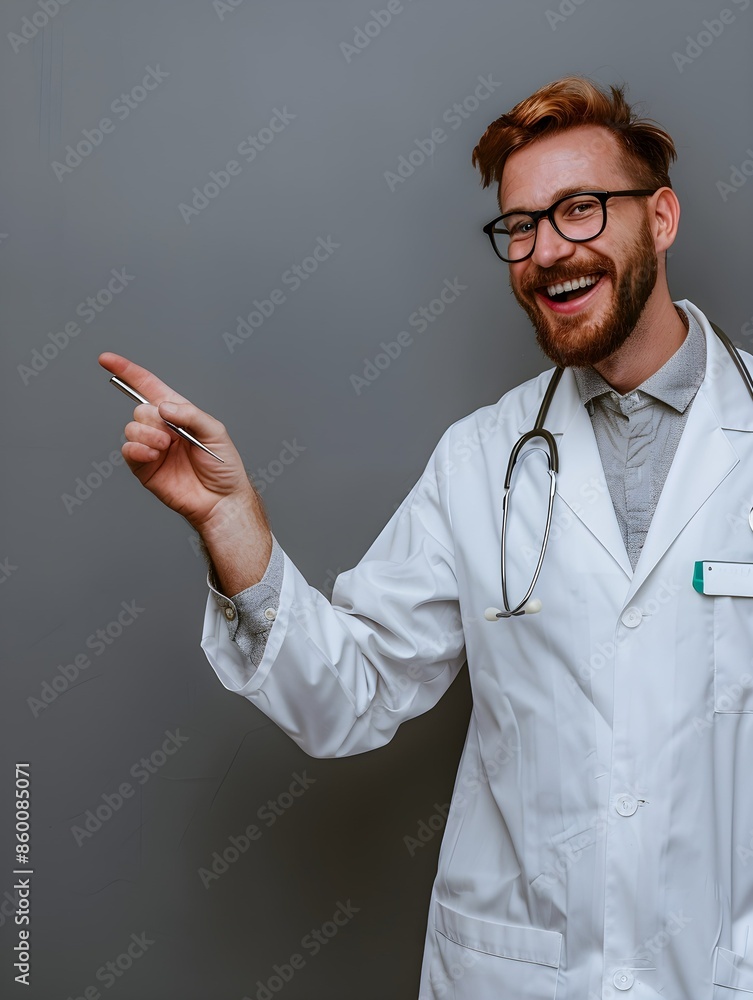 smiling american doctor is pointing to an empty space on gray studio background smiling american doctor is pointing to an empty space on gray studio background