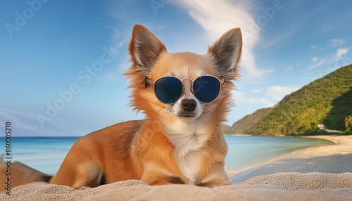 funny chihuahua dog in sunglasses posing on a beach © Deven