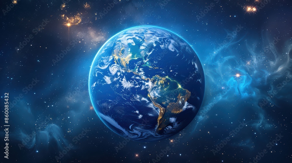 Obraz premium A blue and white planet with a bright star in the background