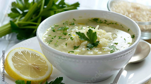 Refreshing Celery and Rice Soup with Zesty Lemon Garnish - Healthy Vegetarian Dish Stock Photo