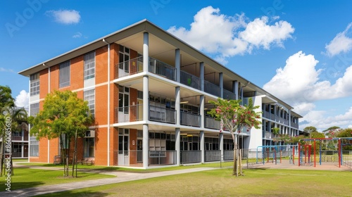 Modern School Building with Balconies and Playground