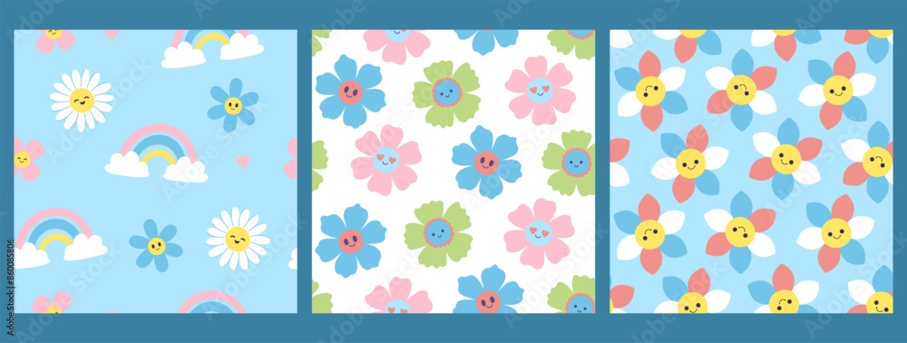 Set of seamless patterns with cute flowers. Vector graphics