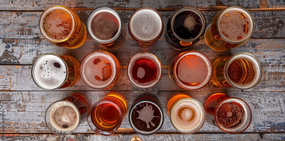Overhead top down view of a collection of different glasses of beer ale and lager Overhead top down view of a collection of different glasses of beer ale and lager