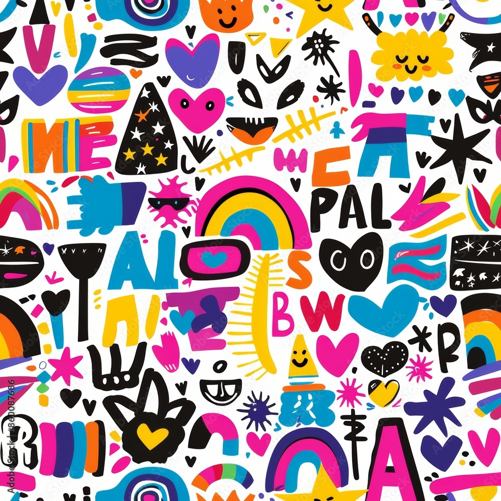 A colorful and abstract design with various shapes and letters, including the letters B, W, and A A colorful and abstract design with various shapes and letters, including the letters B, W, and A