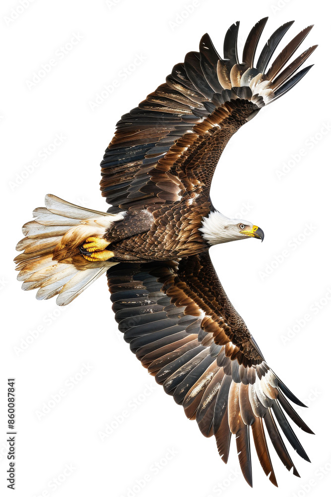 Fototapeta premium Majestic Bald Eagle Soaring in Flight with Outstretched Wings on Transparent Background in Stunning Detail 