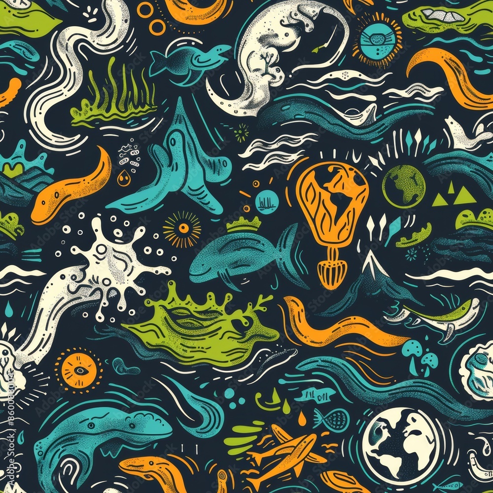 A colorful and detailed ocean scene with various sea creatures and objects such as a fish, a shark, a boat, and an airplane. Concept of adventure and exploration, as well as the beauty A colorful and detailed ocean scene with various sea creatures and objects such as a fish, a shark, a boat, and an airplane. Concept of adventure and exploration, as well as the beauty