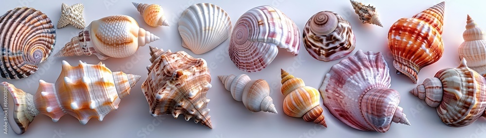 A collection of colorful seashells in various shapes and sizes, ed in a detailed style A collection of colorful seashells in various shapes and sizes, ed in a detailed style