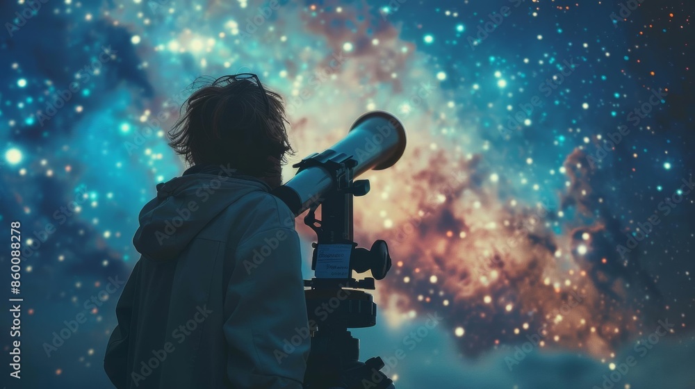 Astronomer at a telescope watching a starry sky, notes and charts scattered around, pursuit of cosmic discoveries Astronomer at a telescope watching a starry sky, notes and charts scattered around, pursuit of cosmic discoveries