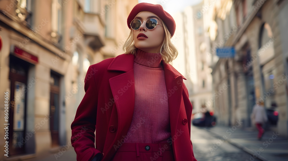 Obraz premium Fashionable confident blonde woman wearing trendy sunglasses beret pink turtleneck sweater dark red autumn coat flared trousers walking in street of European city Outdoor fulllength p : Generative AI