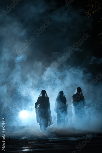 Ghostly Halloween Figures in the Mist Background
