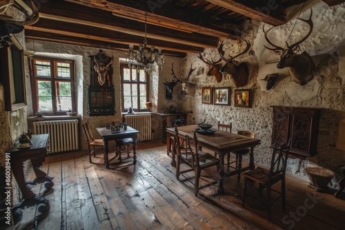 Antique Hunting Lodge Interior with Deer Mounts