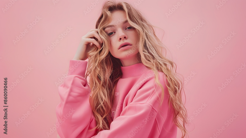 Modern youth feminine style Beautiful girl fashion model with long wavy blond hair posing in a pink sweatshirt on a pink studio background : Generative AI Modern youth feminine style Beautiful girl fashion model with long wavy blond hair posing in a pink sweatshirt on a pink studio background : Generative AI