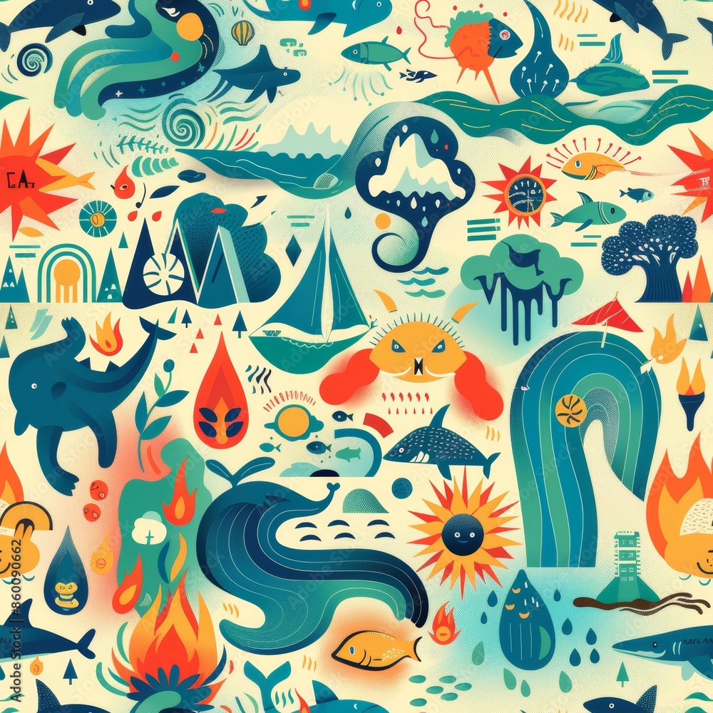 Fototapeta premium A colorful and detailed painting of various sea creatures and landscapes. The mood of the painting is lively and playful, with a sense of adventure and exploration