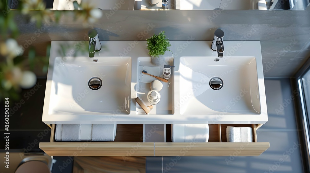 Fototapeta premium Top view of hotel bathroom interior with double sink and accessories on drawer