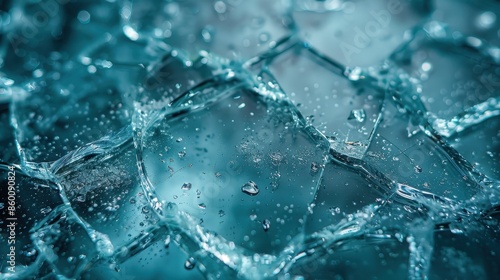 A macro shot showcasing the intricate details of cracked glass with an ice-like texture, rendered in cool blue tones, emphasizing delicacy and impermanence of material objects.