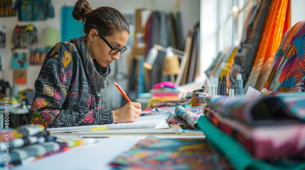 Fototapeta premium Fashion designer sketching in a bright studio, materials and fabrics scattered around, creative process in focus