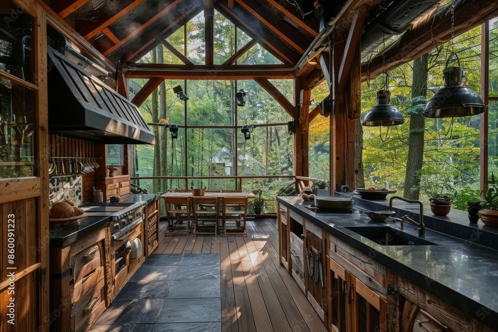 Rustic Outdoor Kitchen with Panoramic Forest Views Rustic Outdoor Kitchen with Panoramic Forest Views