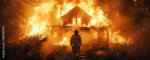 Firefighter battling a fierce house fire, intense flames and smoke, heroism and danger theme