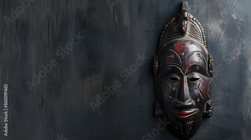 traditional west african wooden tribal mask against a dark grey background photo