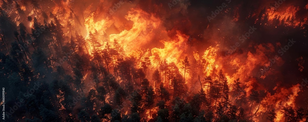 Forest fire scene from above, aerial view of the spreading flames, devastation and natural disaster concept Forest fire scene from above, aerial view of the spreading flames, devastation and natural disaster concept