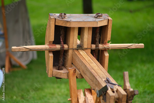 Fotografie Ancient Roman ballista with a loaded throwing arrow, close-up