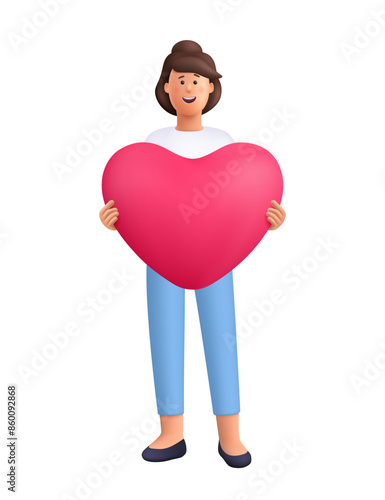 Young smiling woman holding huge big red heart. Valentine's Day and Love concept. 3d vector people character illustration. Cartoon minimal style.