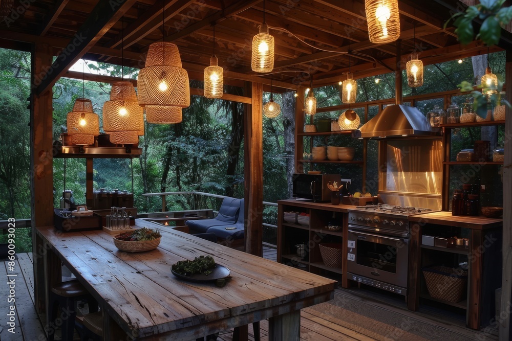 Rustic Kitchen with Wooden Beams and Pendant Lights Rustic Kitchen with Wooden Beams and Pendant Lights