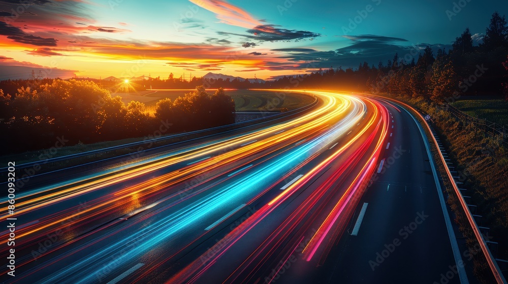 A highway at sunset featuring vibrant light trails from moving vehicles, highlighting the contrast between the technological speed of travel and the calmness of nature. A highway at sunset featuring vibrant light trails from moving vehicles, highlighting the contrast between the technological speed of travel and the calmness of nature.