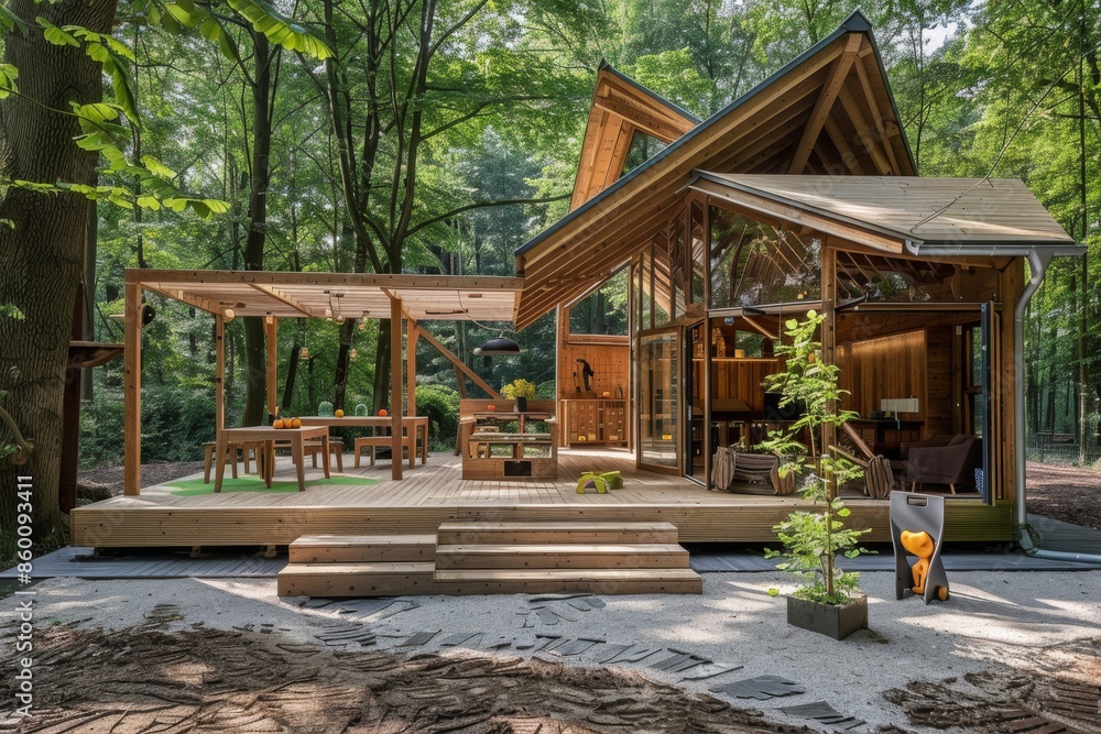 Naklejka premium Modern Wooden Cabin in a Forest Setting