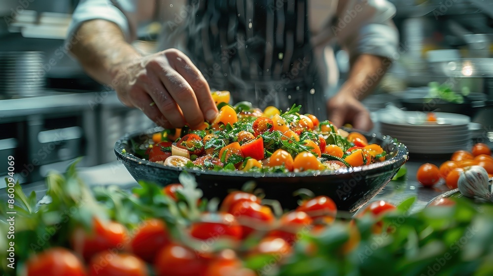A chef's hand adding the finishing touches to a vibrant, fresh salad in a professional kitchen, highlighting culinary expertise and the art of gastronomy in a modern setting. A chef's hand adding the finishing touches to a vibrant, fresh salad in a professional kitchen, highlighting culinary expertise and the art of gastronomy in a modern setting.