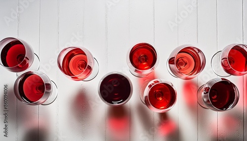 red wine in glasses flat lay of wine glasses with red wine in row over plain white background top view wine tasting winery bar or beaujolais nouveau concept photo