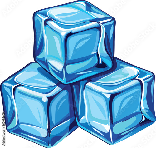 Four shiny translucent ice cubes piling up on white background