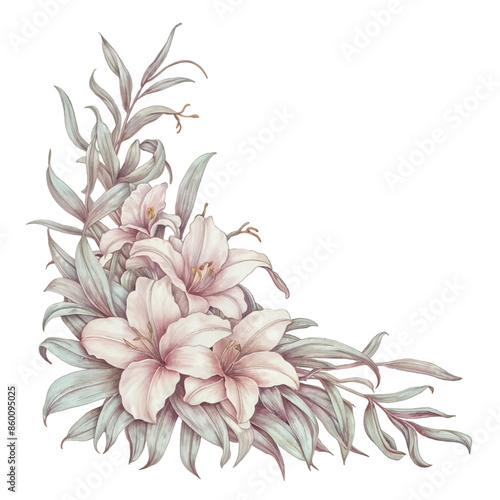A watercolor illustration of white lilies and green leaves arranged in a corner composition on a transparent background