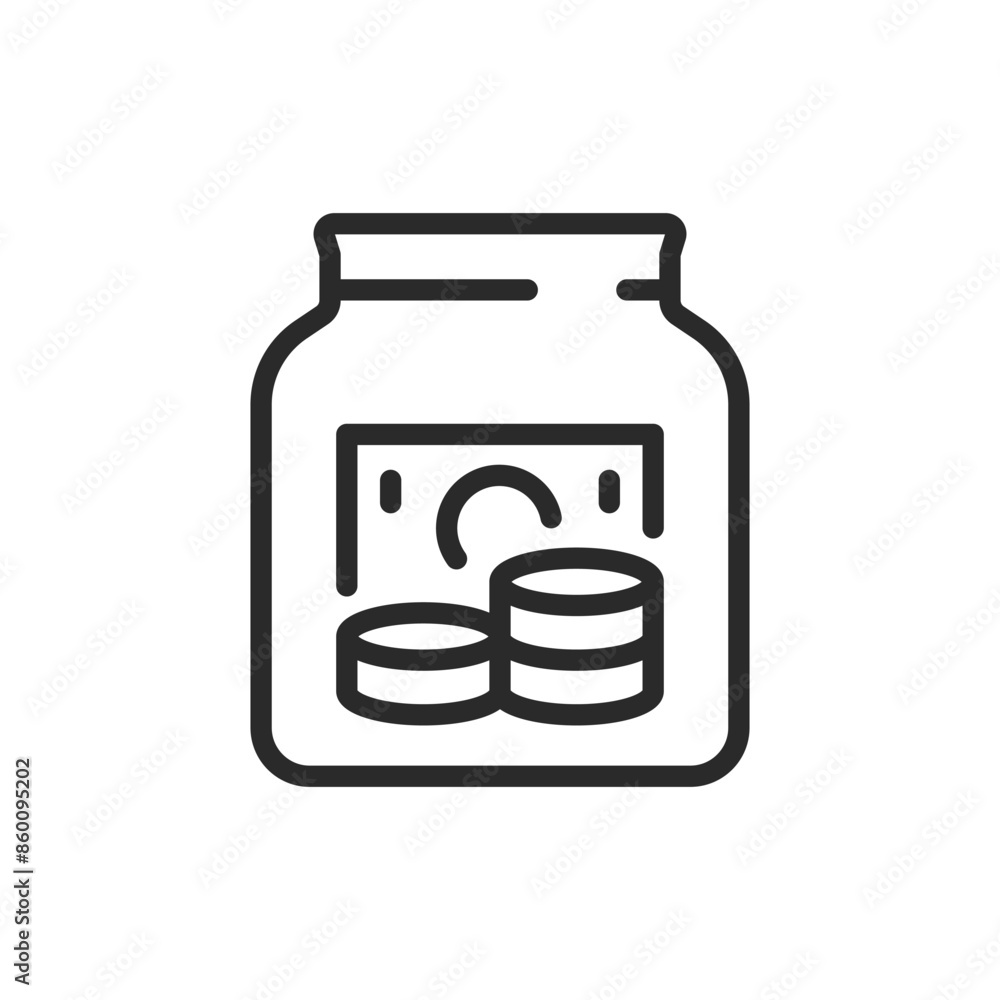 Money jar, linear style icon. Jar filled with coins, indicating savings. Editable stroke width. Money jar, linear style icon. Jar filled with coins, indicating savings. Editable stroke width.