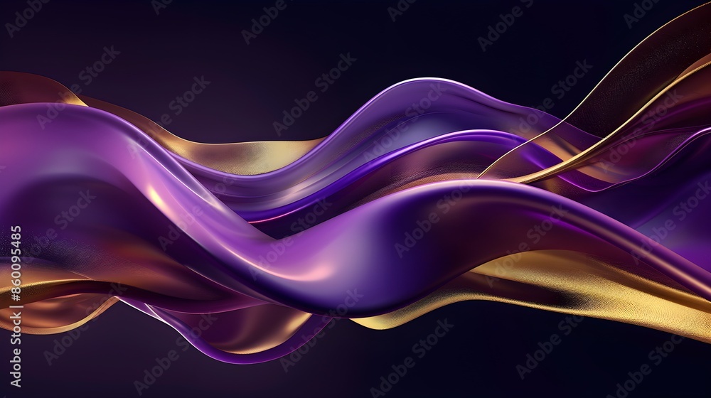 Vivid purple and gold flowing abstract waves on a dark background. 3D digital art. Dynamic and luxury concept for design and print