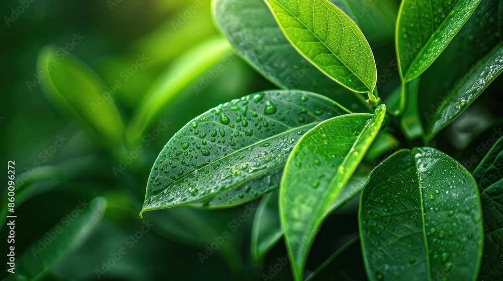 Close-up of vibrant green leaves with dew drops. Close-up of vibrant green leaves with dew drops.