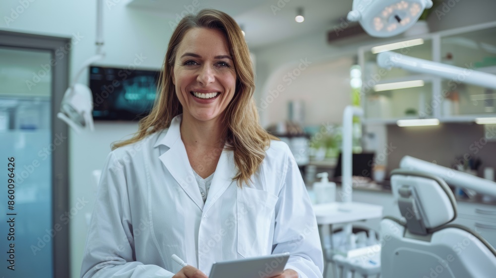 Young female caucasian dentist wearing a labcoat and smiling while using a digital tablet in her office Young female caucasian dentist wearing a labcoat and smiling while using a digital tablet in her office