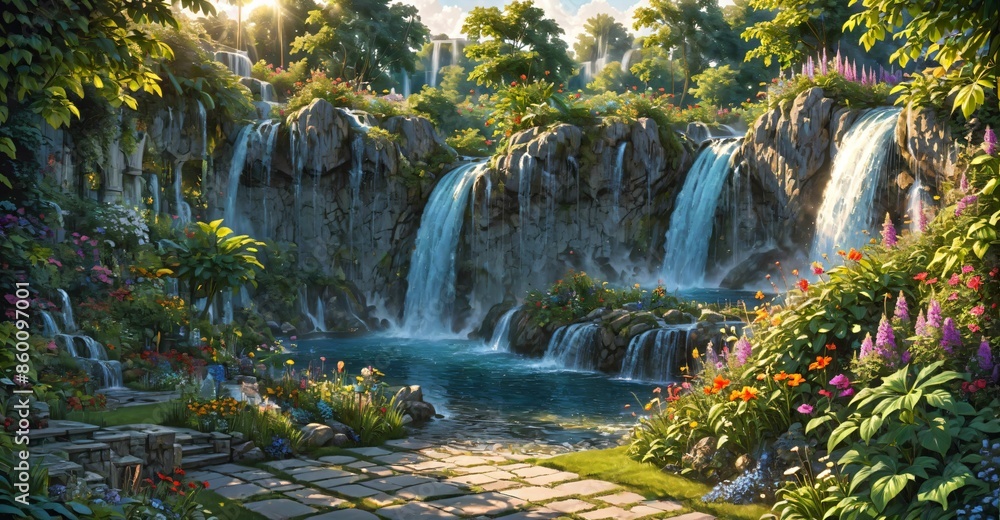 garden waterfall flowing river with flowers and tropical trees idyllic island paradise Eden landscape. garden waterfall flowing river with flowers and tropical trees idyllic island paradise Eden landscape.