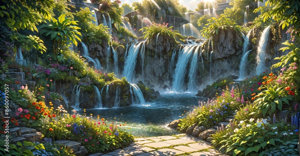 garden waterfall flowing river with flowers and tropical trees idyllic island paradise Eden landscape. garden waterfall flowing river with flowers and tropical trees idyllic island paradise Eden landscape.