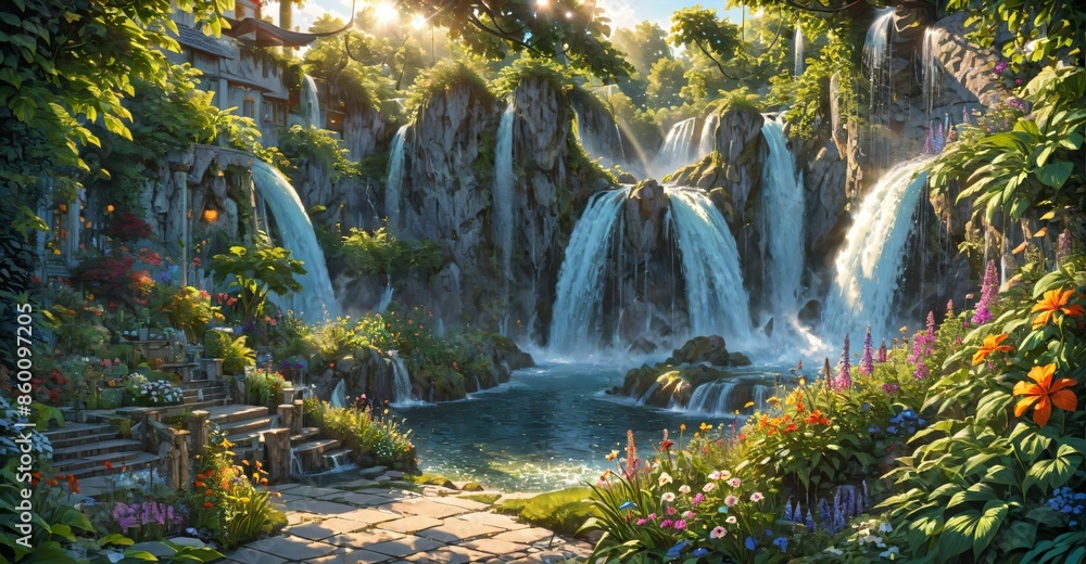 garden waterfall flowing river with flowers and tropical trees idyllic island paradise Eden landscape. garden waterfall flowing river with flowers and tropical trees idyllic island paradise Eden landscape.