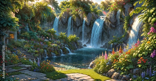 garden waterfall flowing river with flowers and tropical trees idyllic island paradise Eden landscape.