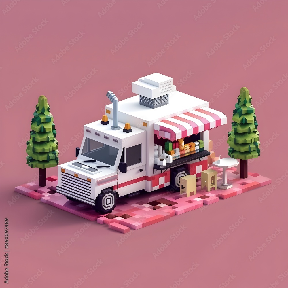 Fototapeta premium Cute Pixel Art 3D Isometric Food Truck on Vibrant Colored Background