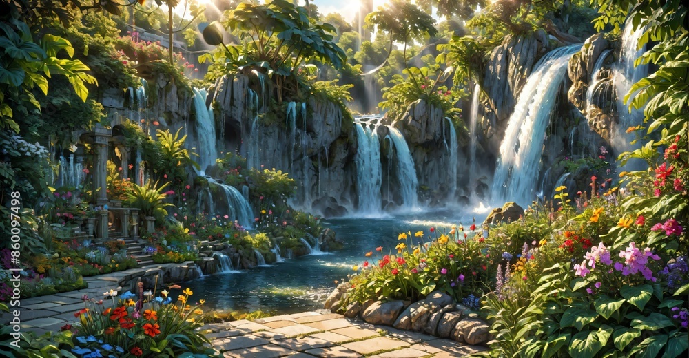 garden waterfall flowing river with flowers and tropical trees idyllic island paradise Eden landscape. garden waterfall flowing river with flowers and tropical trees idyllic island paradise Eden landscape.